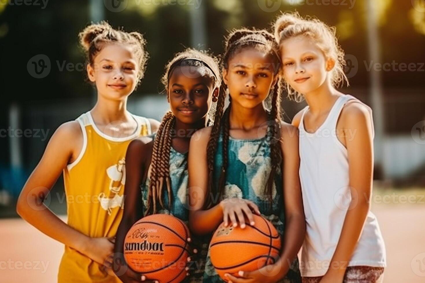 AI Generative Group of friends playing basketball  Group of sportive multiracial people playing togheter during the summertime   Concept about people lifestyle and sport photo