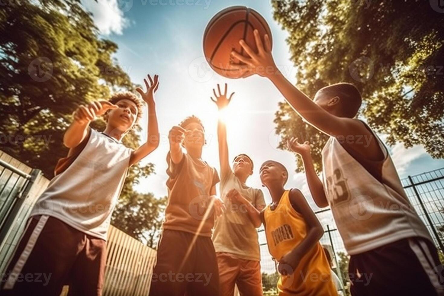 AI Generative Group of friends playing basketball  Group of sportive multiracial people playing togheter during the summertime   Concept about people lifestyle and sport photo