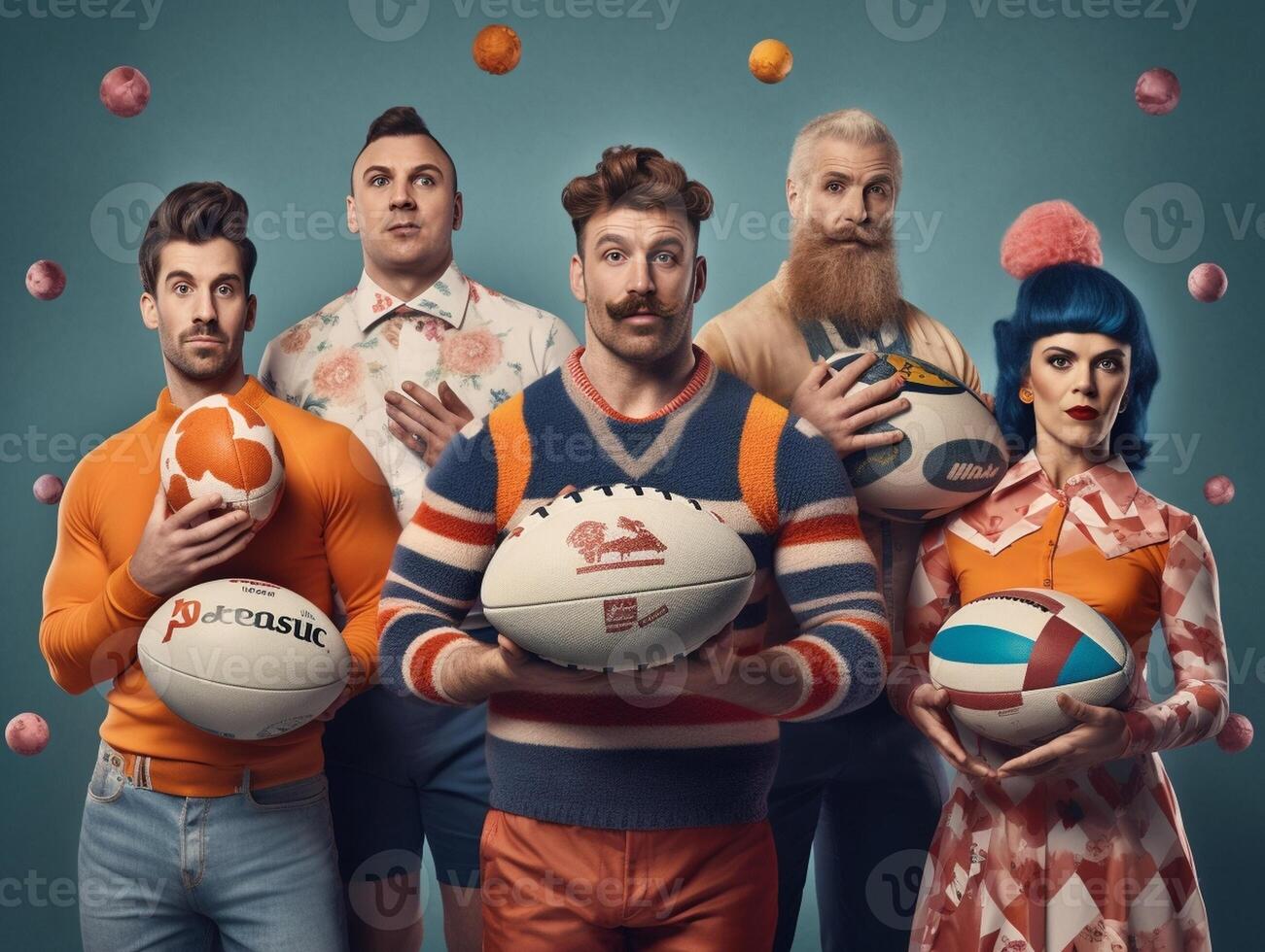 ai generativo grupo de amigos jugando con el pelota rugby molesto a eliminar eso desde el poseedor foto