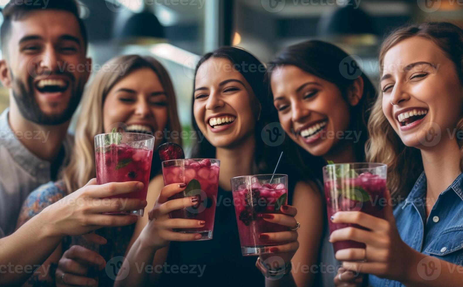 AI Generative Group of happy friends toasting with cocktail all togheter at the bar  They are looking at the camera holding glasses at the restaurant ejoying the weekend photo