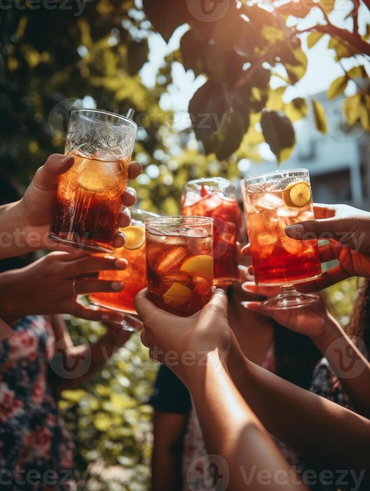 ai generativo grupo de contento multirracial amigos teniendo divertido Bebiendo y tostado cócteles amistad concepto con joven personas teniendo divertido juntos a hogar en el jardín foto