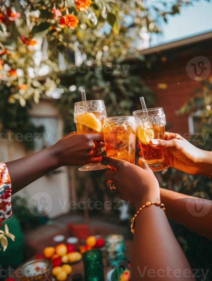 ai generativo grupo de contento multirracial amigos teniendo divertido Bebiendo y tostado cócteles amistad concepto con joven personas teniendo divertido juntos a hogar en el jardín foto