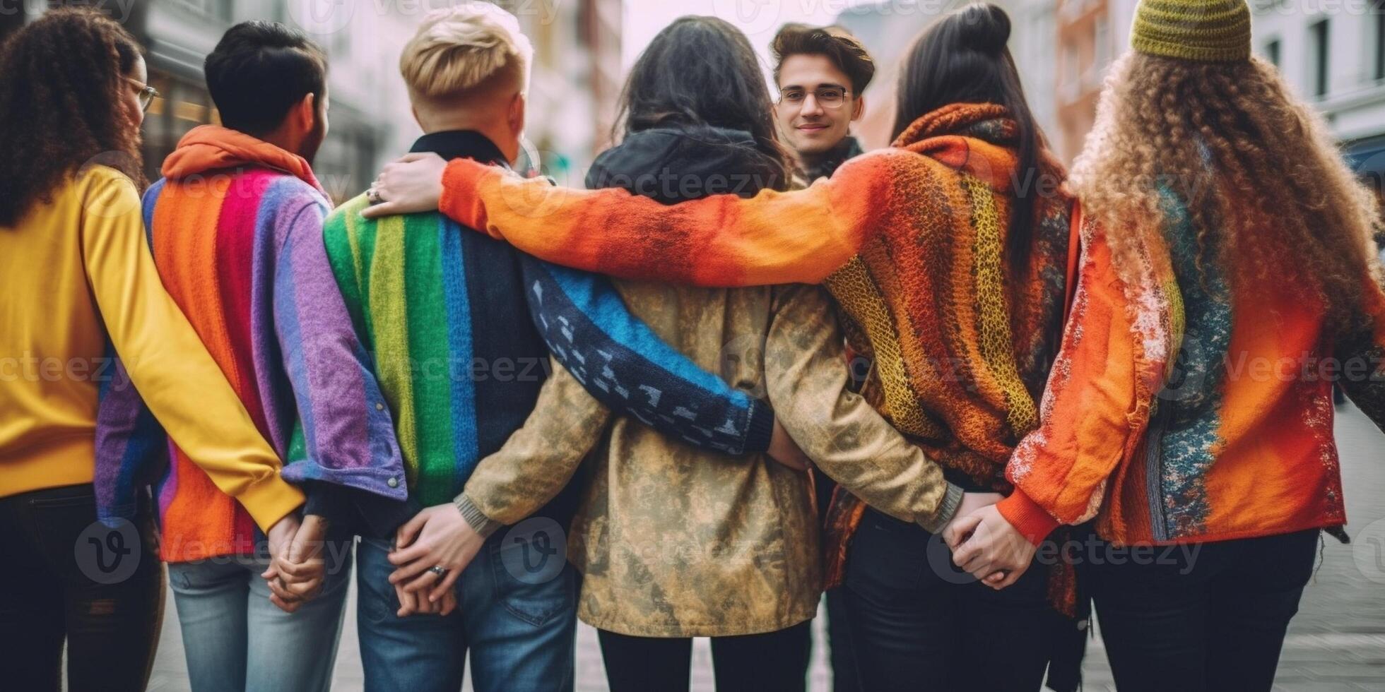 ai generativo grupo de lgbt personas participación manos fuera de diverso contento amigos abrazando al aire libre gay orgullo concepto con multitud de chicos y muchachas en pie juntos en ciudad calle foto