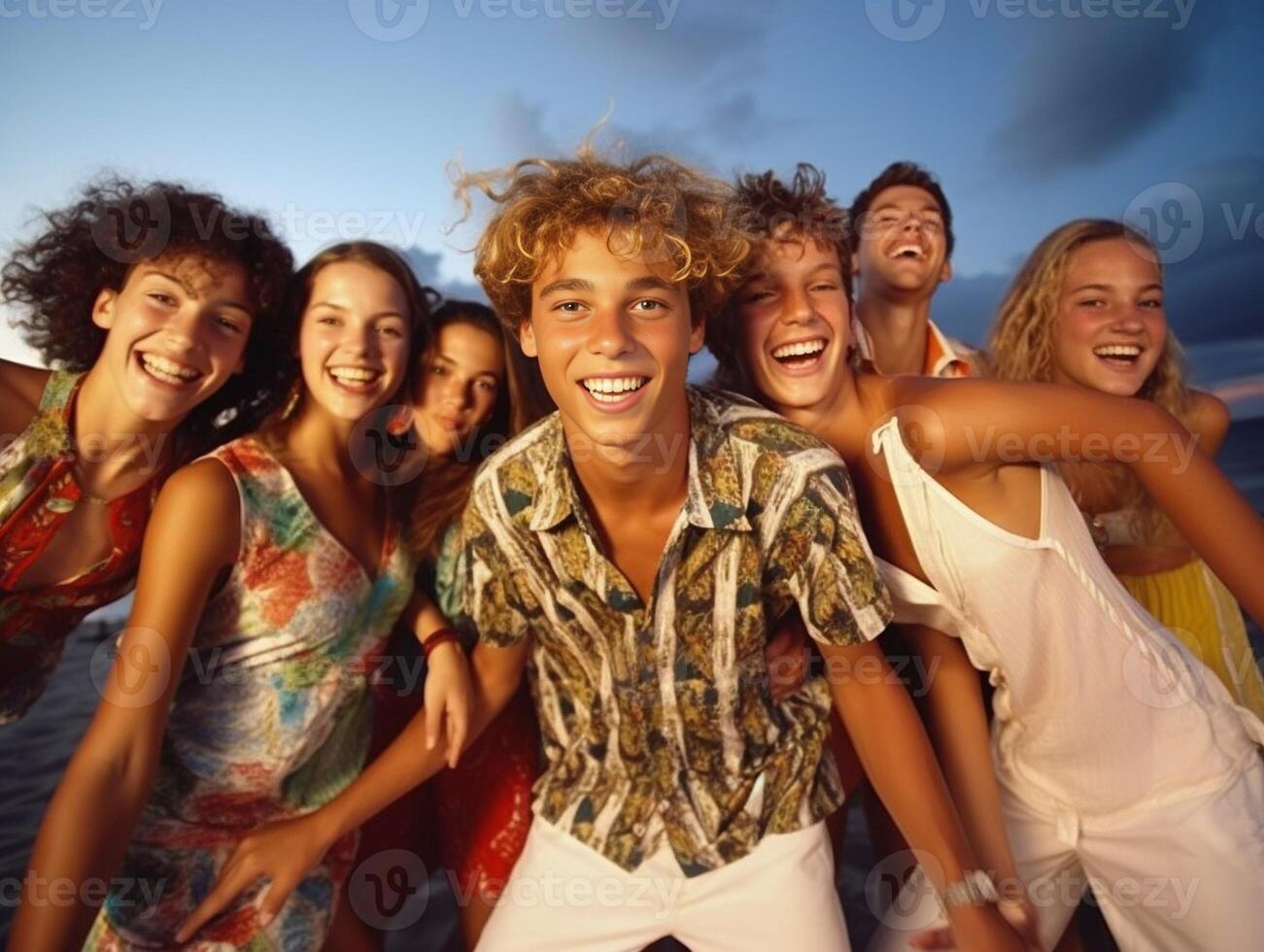 AI Generative Group of multiracial friends dancing limbo at beach photo