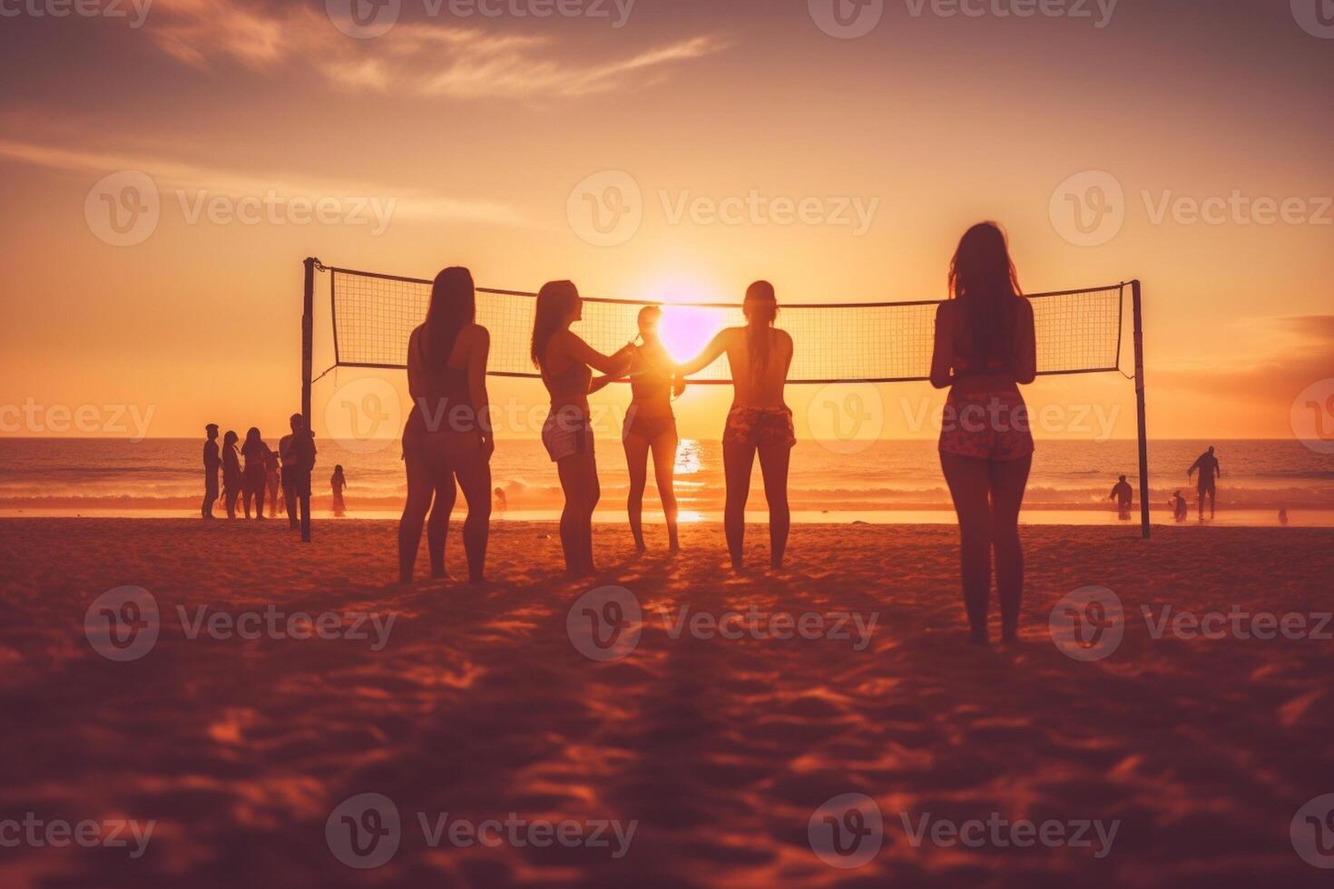 AI Generative Group of multiracial friends playing football at the beach photo