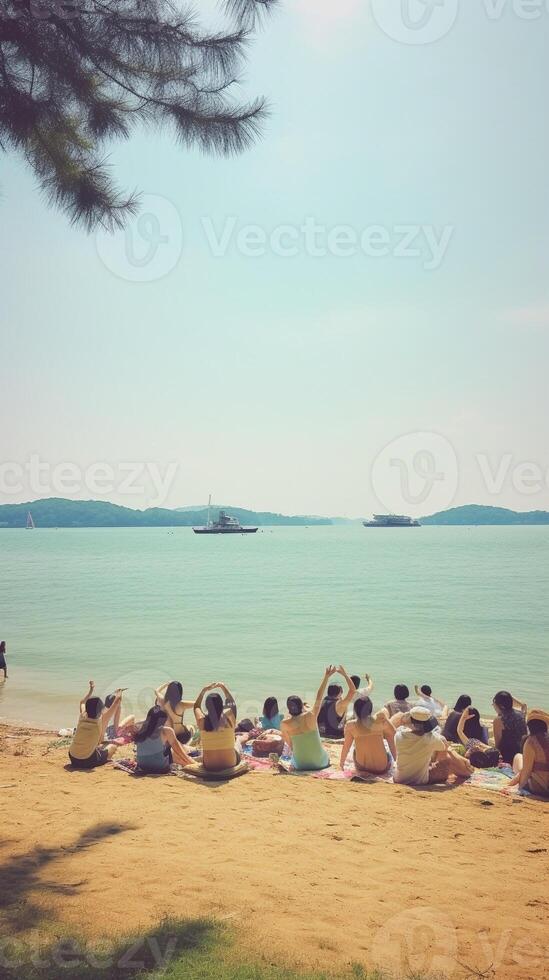 AI Generative Group of multiracial people are playing with their smartphone while sitting on the beach  people nature technology and lifestyle concept photo