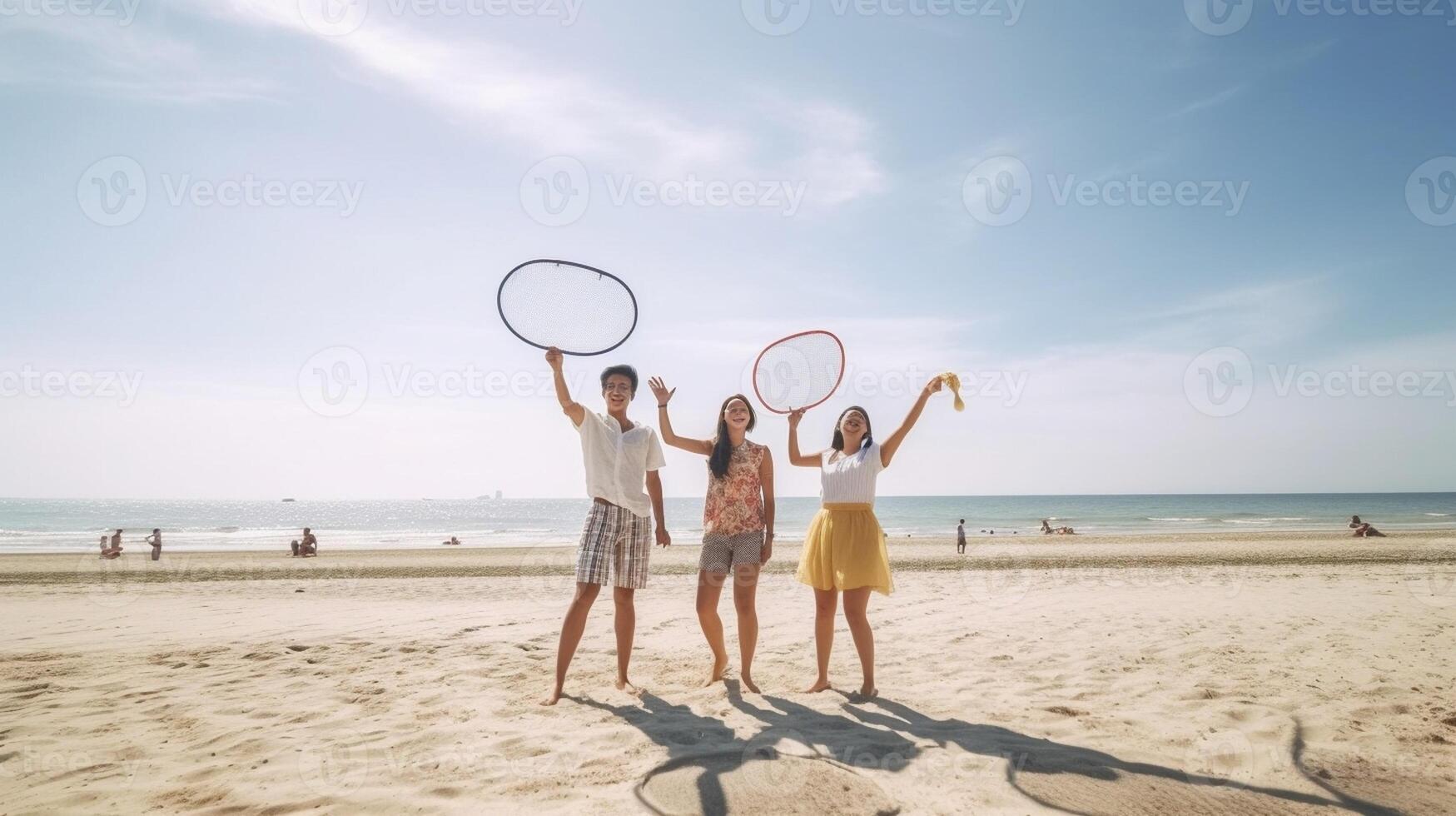 ai generativo grupo de multirracial personas es jugando juntos a el playa personas naturaleza y estilo de vida concepto foto