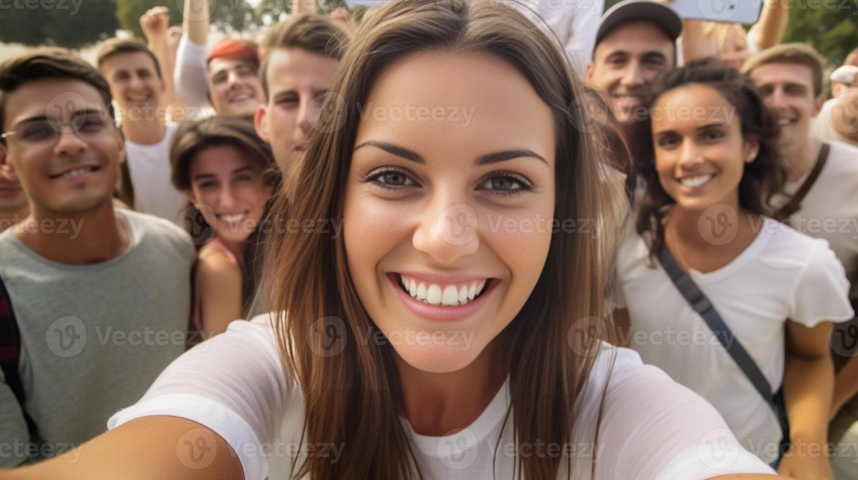 AI Generative Group of multiracial students taking selfie picture at school  Happy young people hanging outside together  Teenagers in college campus  Back to school concept photo