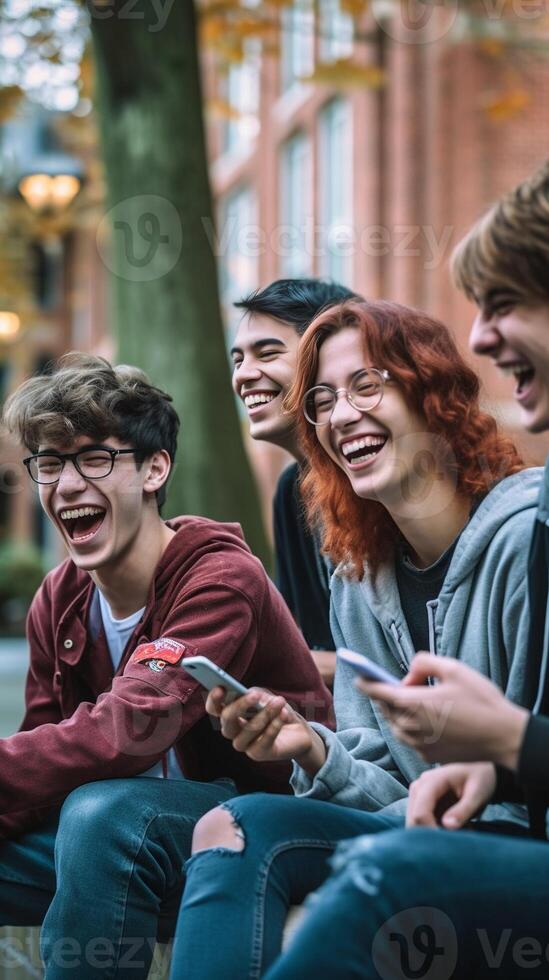 AI Generative Group of multiracial young people using smart mobile phone device outdoors  Happy university students watching cellphones sitting in college campus  Teenagers addicted to social me photo