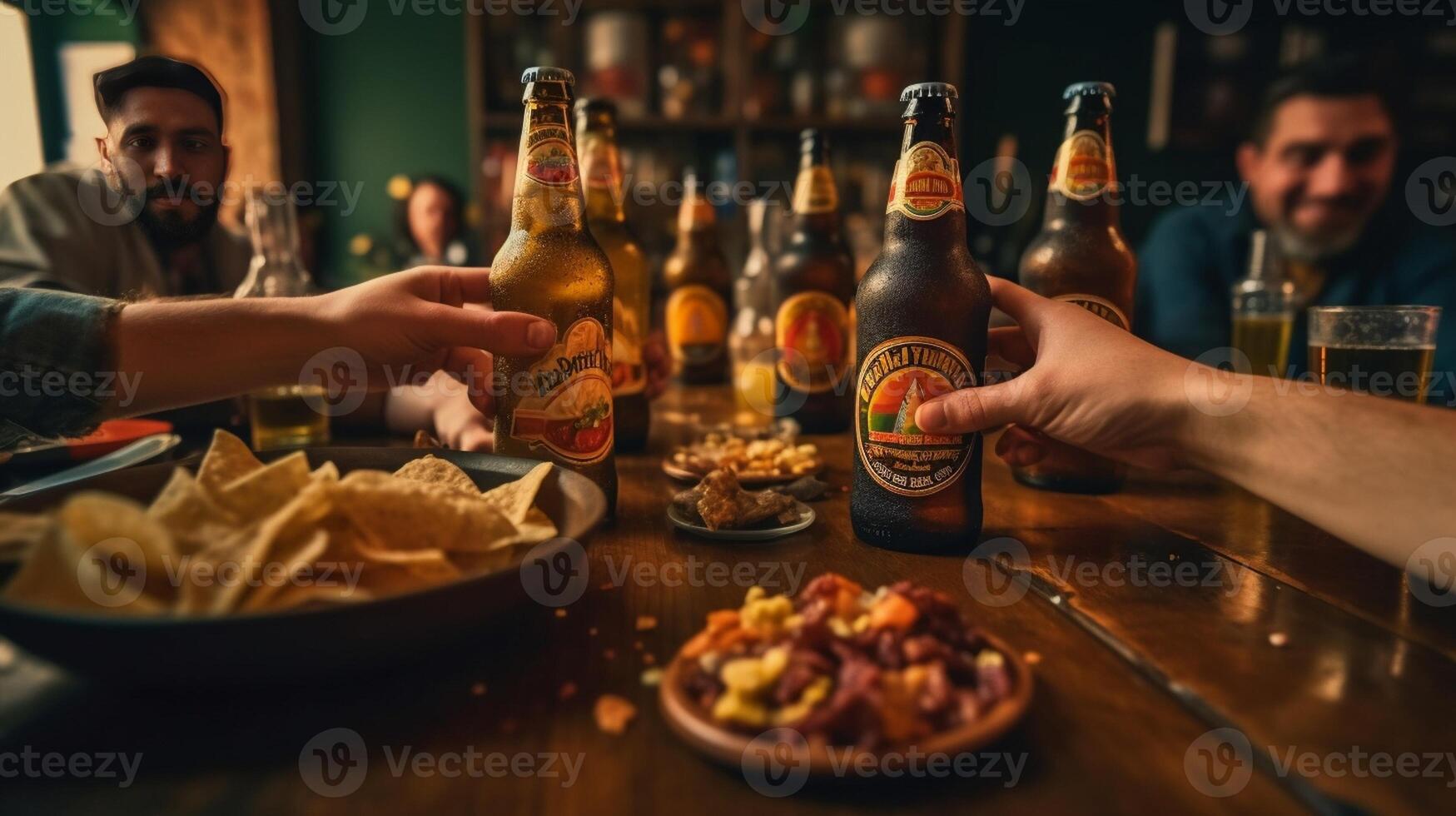 AI Generative Group of people having lunch at brewery bar restaurant  Close up glass beer on dining table  Brewery and food concept photo