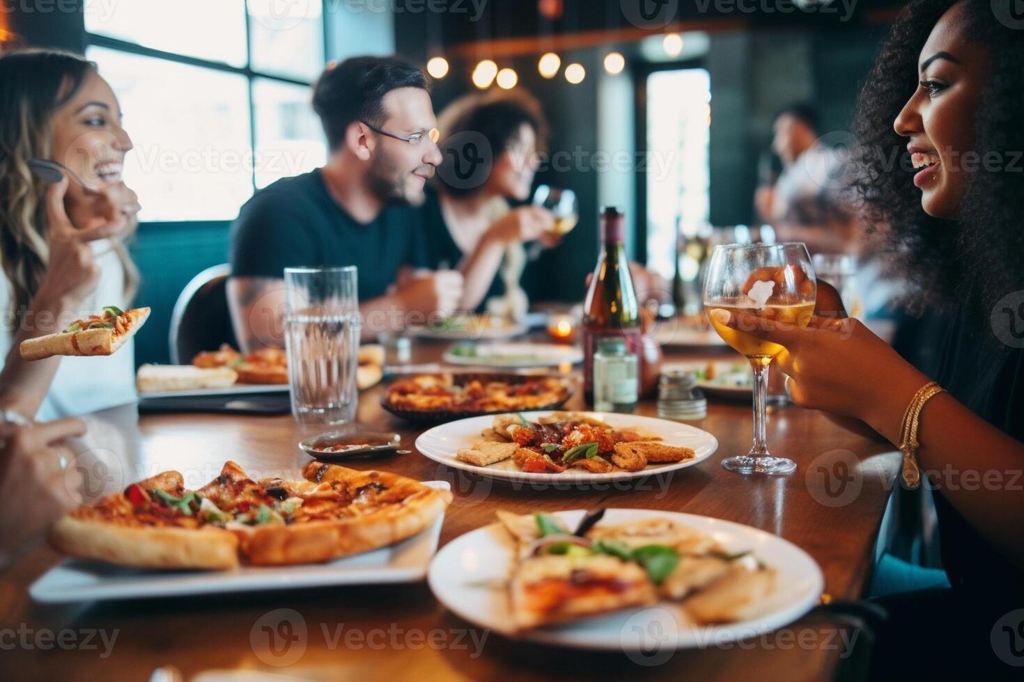 AI Generative Group of people having lunch at brewery bar restaurant  Close up glass beer on dining table  Brewery and food concept photo