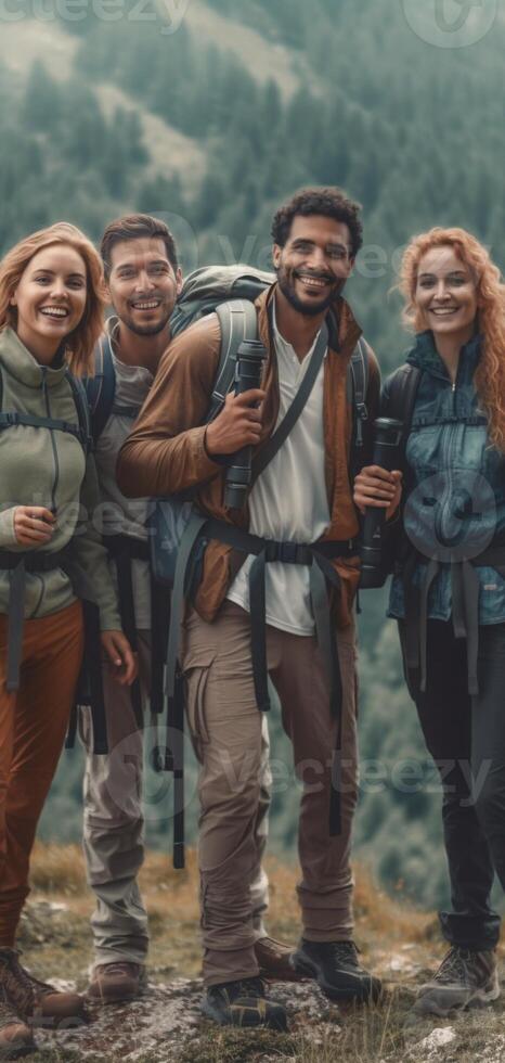 AI Generative Group of people standing on the top of the mountain  Happy friends with backpacks having trekking weekend together  Sport travel and hike concept photo