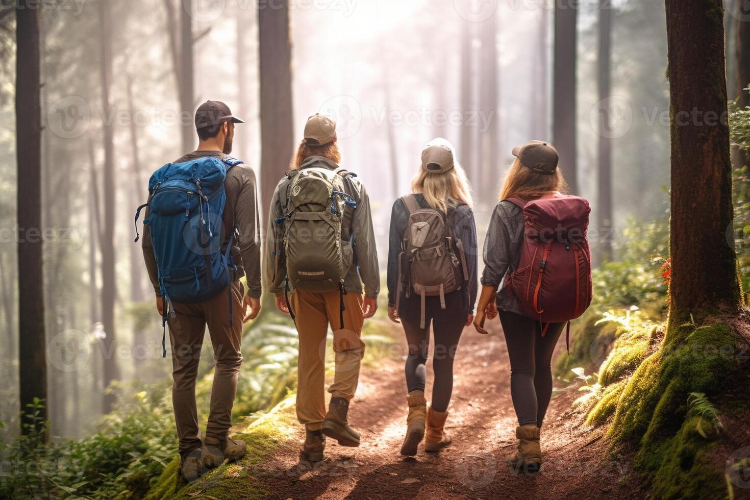 AI Generative Group of people walking in a forest from back Adventure travel tourism hike and people friendship concept Sports activity photo
