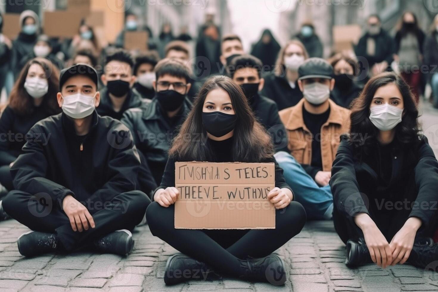 AI Generative Group of people with face mask sitting on a staircase outdoors close up on low section body photo