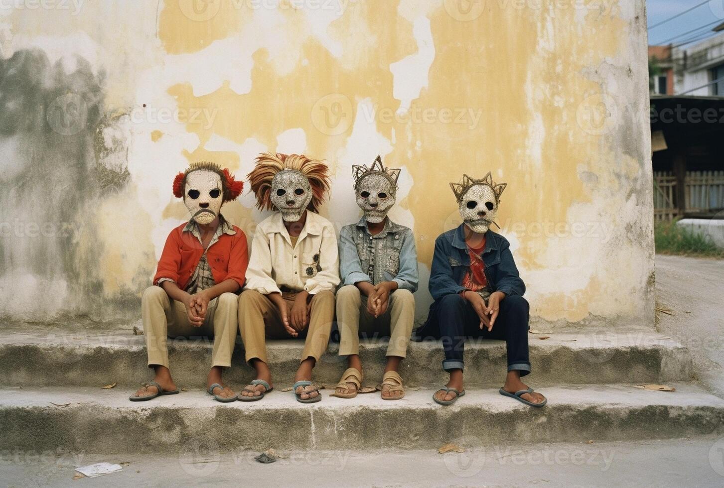 AI Generative Group of people with face mask sitting on a staircase outdoors close up on low section body photo