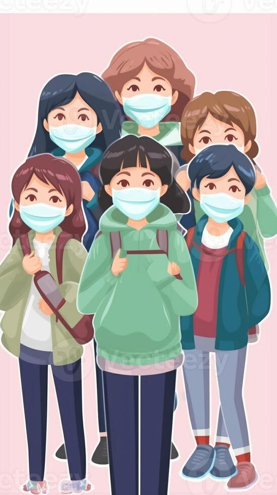 AI Generative Group of students wearing protective face mask smiling at camera  Back to school concept photo