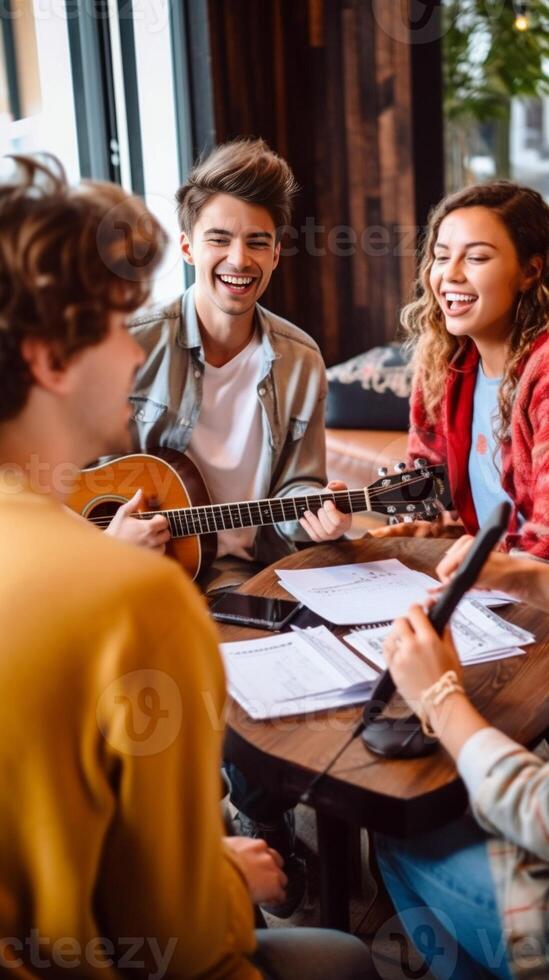 AI Generative Group of teenagers having fun at home using laptop and playing guitar in living room  Group of people enjoying time together drinking beer photo