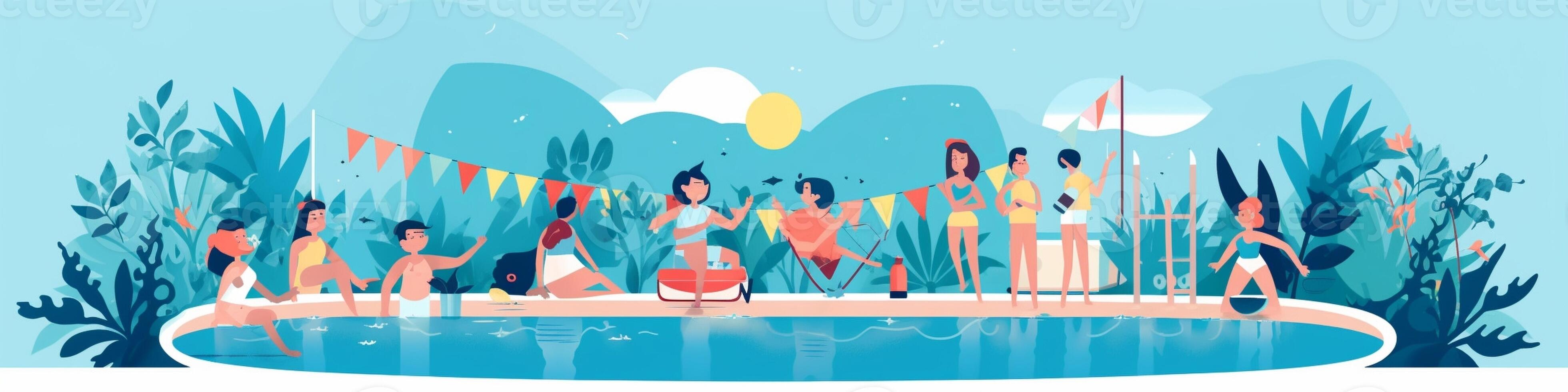 AI Generative Group of young happy people having fun at pool party Smiling people celebrating drinking champagne together Exclusive holiday at resort and hotel summer concept photo