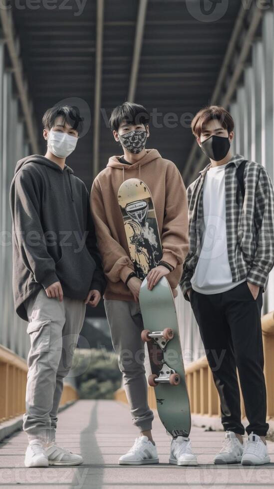 AI Generative Group of young people support each other against Coronavirus  New normal lifestyle concept of friends with face mask outdoor photo