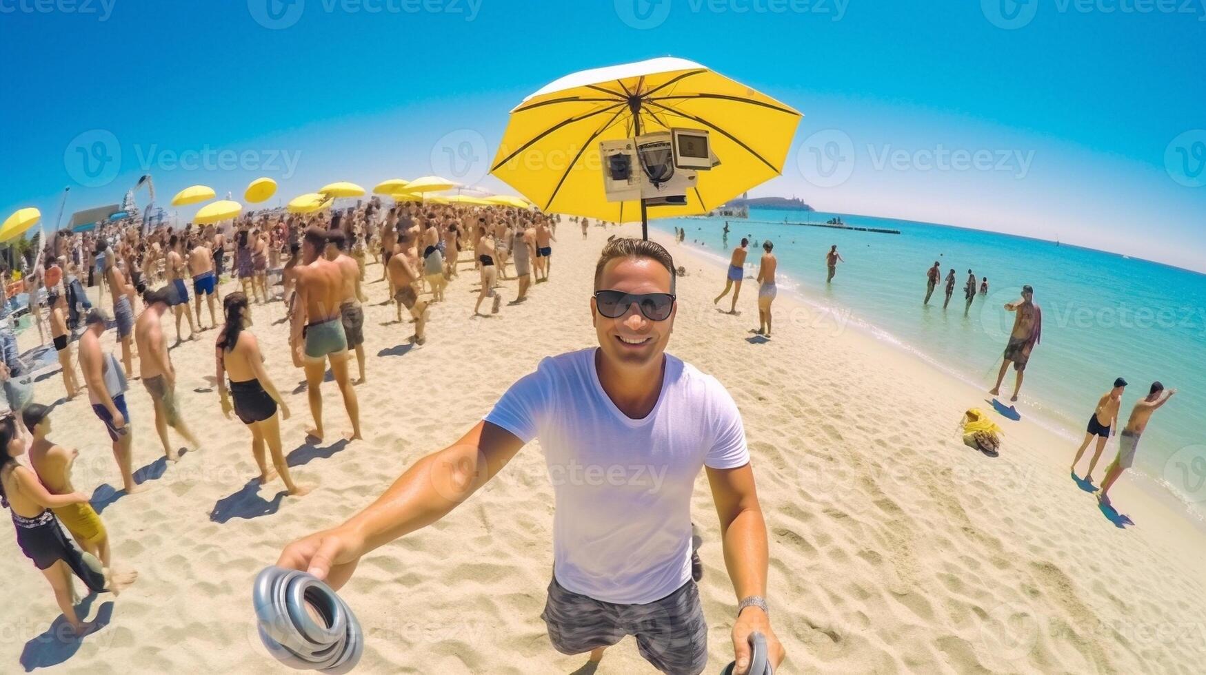 AI Generative Guy take a selfie with his stick on his holiday at the beach  Lifestyle and technology concept photo