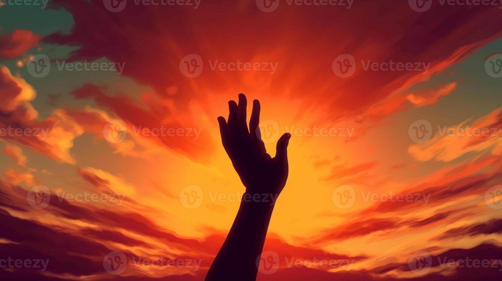 AI Generative Hand of a man reaching out the beatiful mountain landscape at sunset  Inspirational and travel concept photo