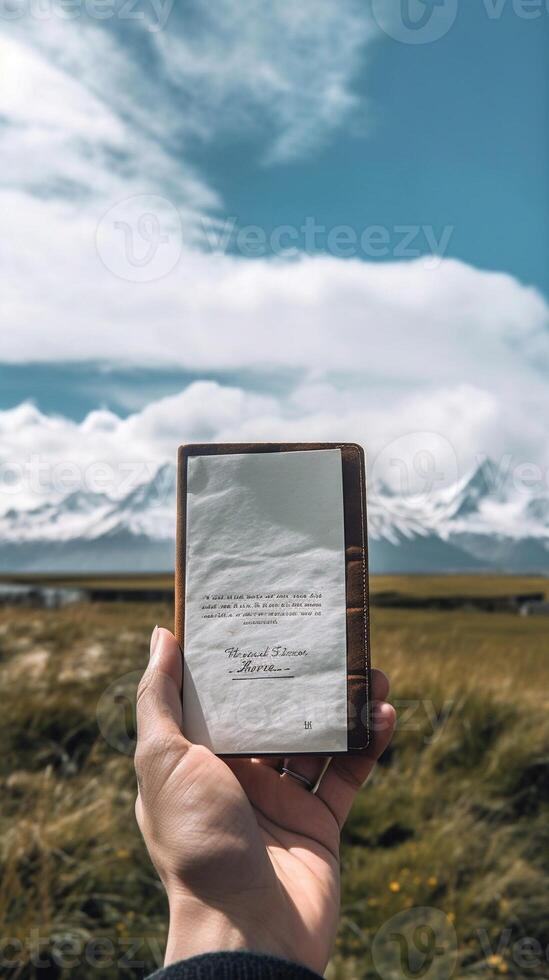 AI Generative Hands holding page text Never stop your wanderlust with nature hill landscape on the background Travels and motivational concept photo