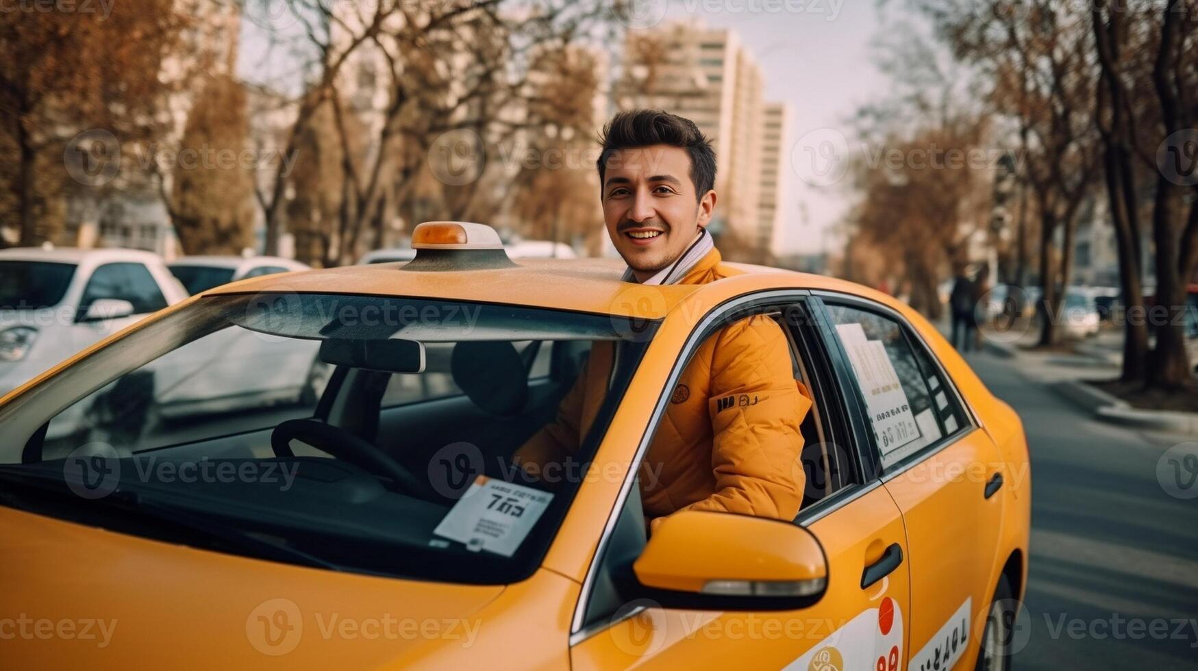 ai generativo muy bien recibido caucásico hombre vocación en el teléfono él es vocación un Taxi en el la carretera mirando a el cámara sonriente foto