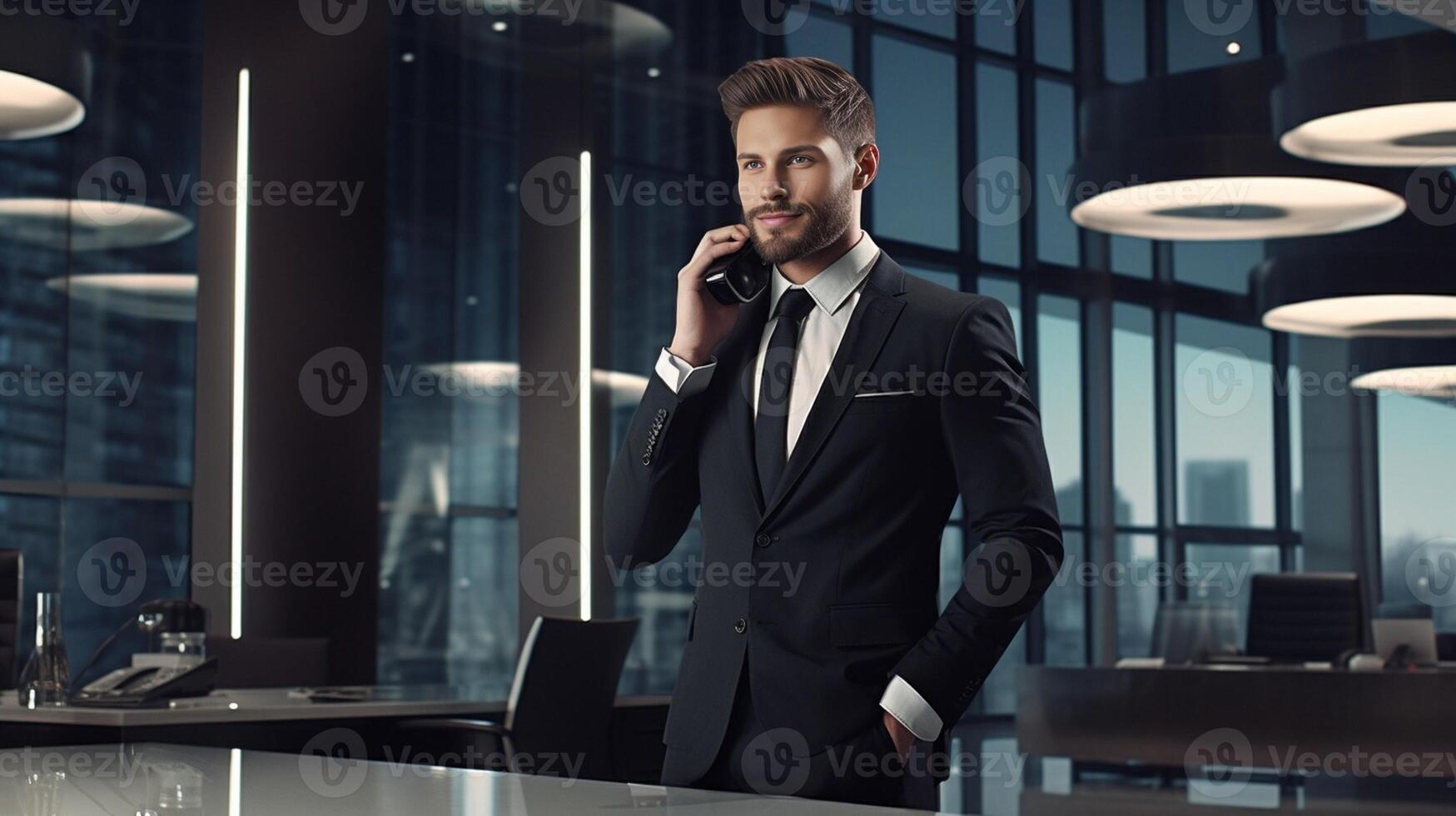 AI Generative Handsome adult business man in suit talking on the phone in creative office  Life style and modern technology concept photo