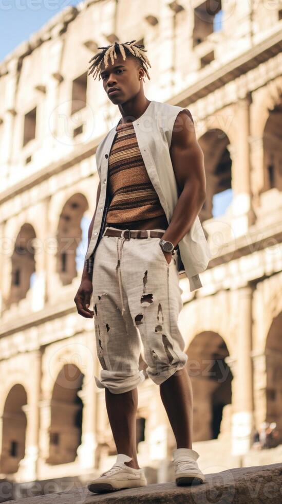 AI Generative Handsome happy young man takes a selfie at the Colosseum in Rome at vacation in Italy photo