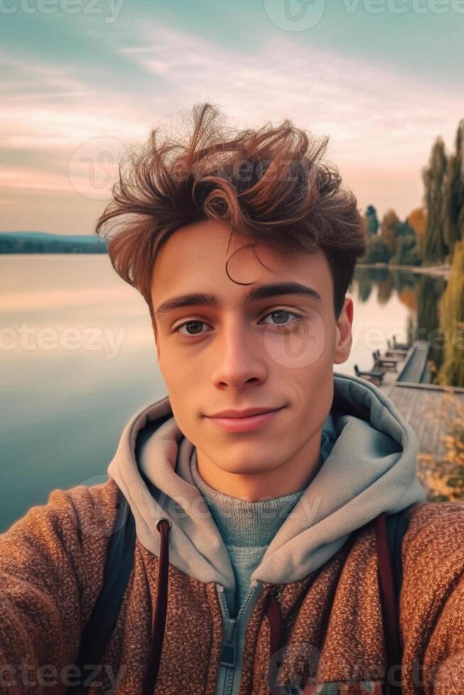 AI Generative Handsome man hiker taking a selfie portrait in front of a lake and mountains at winter photo