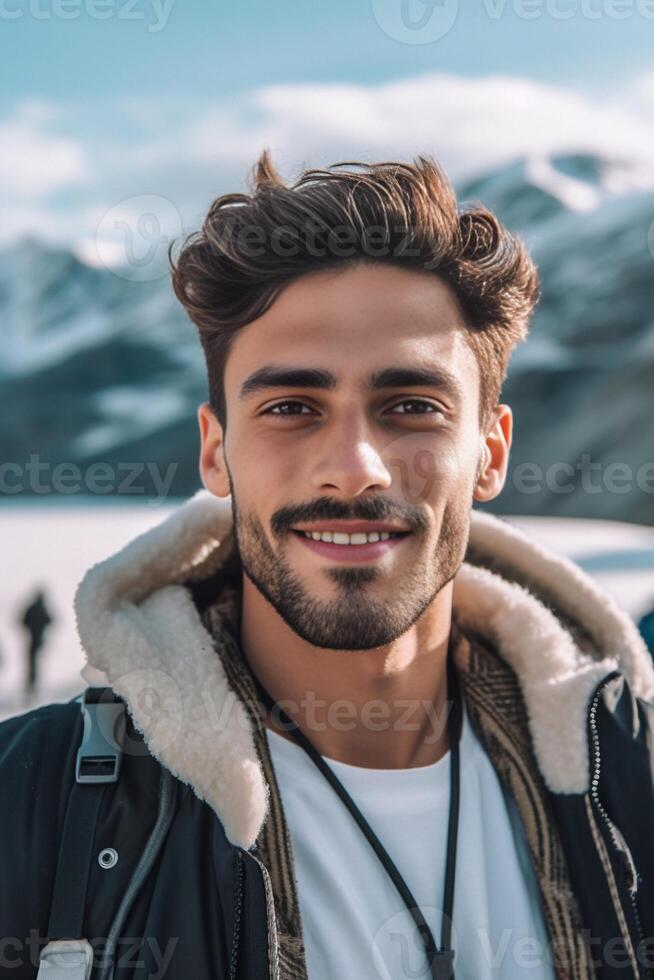 AI Generative Handsome man hiker taking a selfie portrait in front of a lake and mountains at winter photo