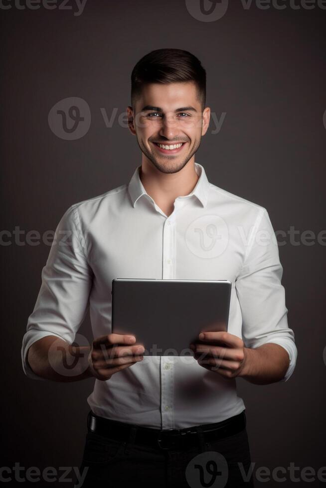 AI Generative Handsome man is smiling holding his tablet  tehnology people and lifesyle concept photo