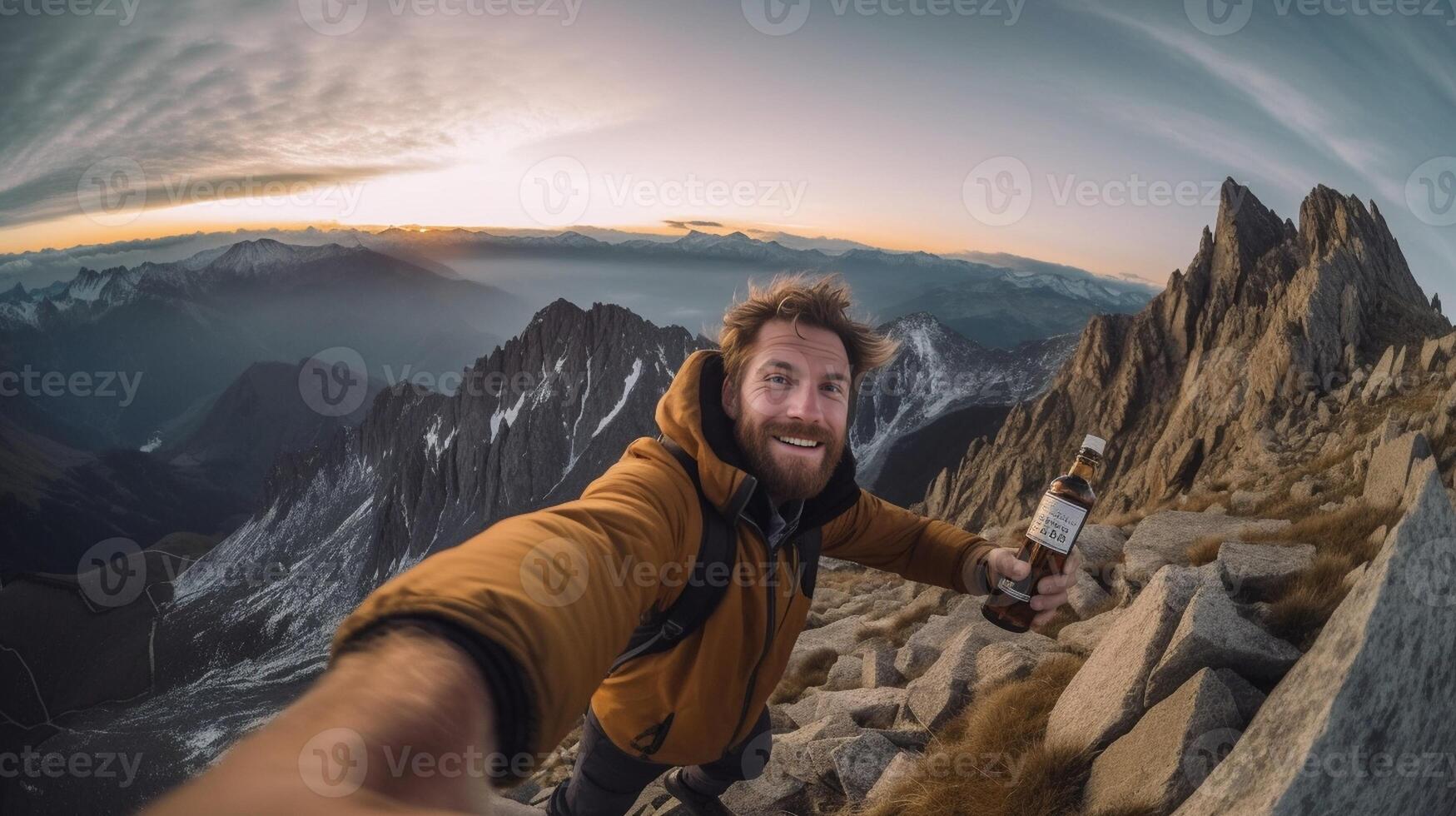 AI Generative Handsome man taking a selfie on the top of the mountain photo