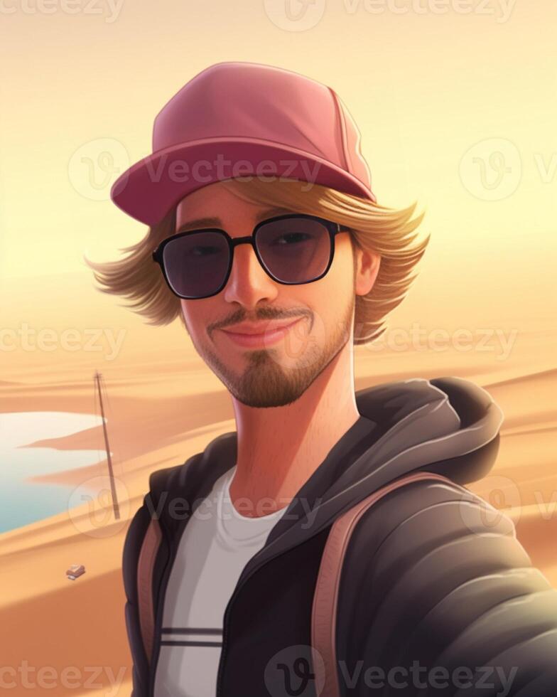 AI Generative Handsome man wearing hat and sunglasses taking selfie picture on summer vacation day  Happy hiker with backpack smiling at camera outside  Tourist walking on the beach  Traveling a photo