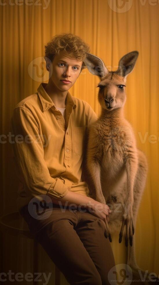 AI Generative Handsome tourist man taking a self portrait with a kangaroo at vacation Australia photo