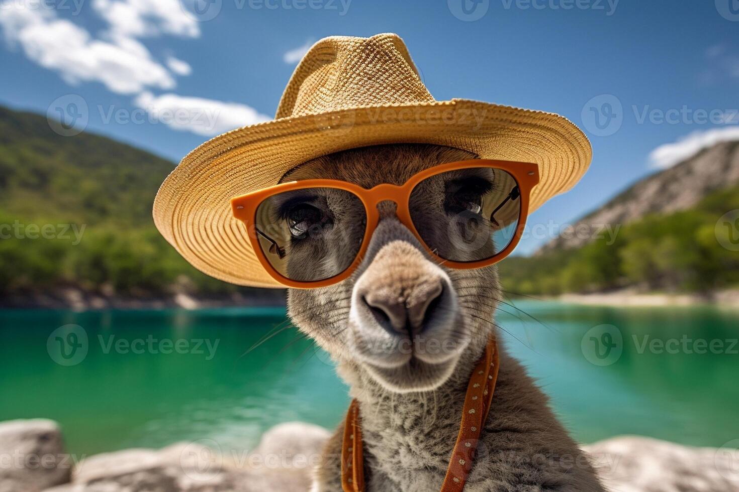 AI Generative Handsome tourist man taking a self portrait with a kangaroo at vacation Australia photo