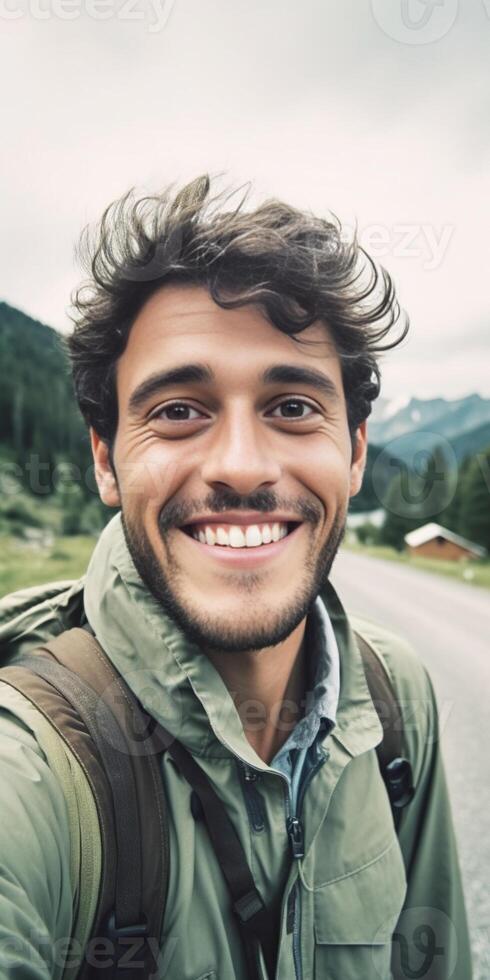 AI Generative Handsome traveller man taking a selfie smiling on the camera on a nature landscape photo