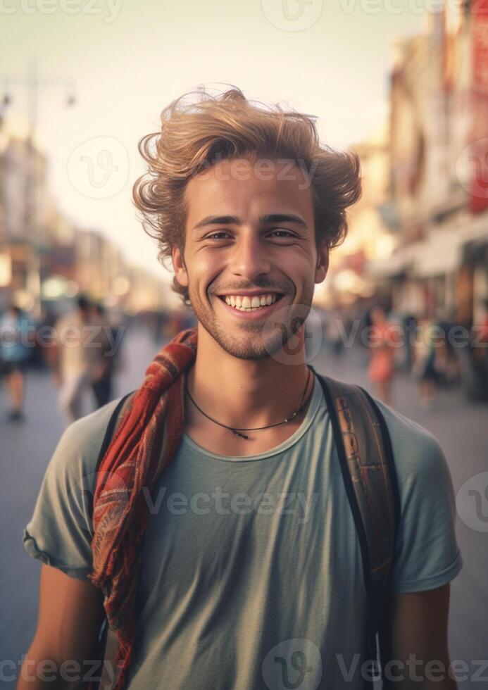 AI Generative Handsome tourist taking a selfie at vacation Young man smiling at the camera in a urban scene Caucasian people Concept about people lifestyle and technology photo