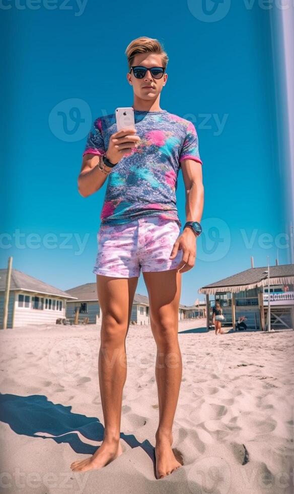 ai generativo hermoso joven hombre tomando selfie a playa verano vacaciones sonriente chico teniendo divertido caminando fuera de Hora de verano Días festivos y tecnología concepto foto