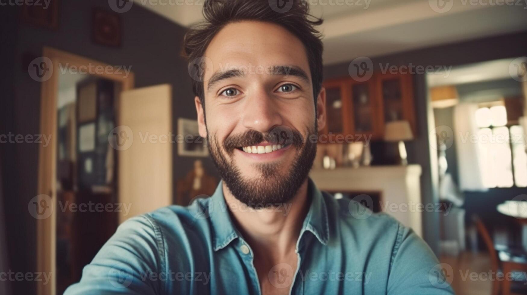 ai generativo hermoso joven hombre tomando selfie a hogar contento chico sonriente a cámara hombre de influencia en social medios de comunicación foto