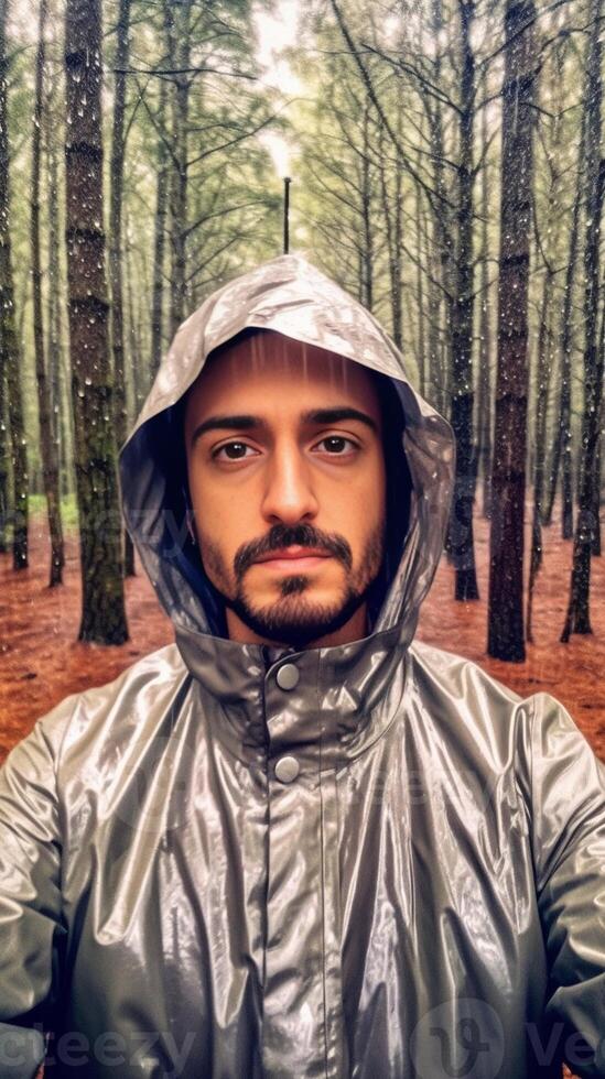 AI Generative Handsome traveller taking a selfie during an excursion in a forest photo