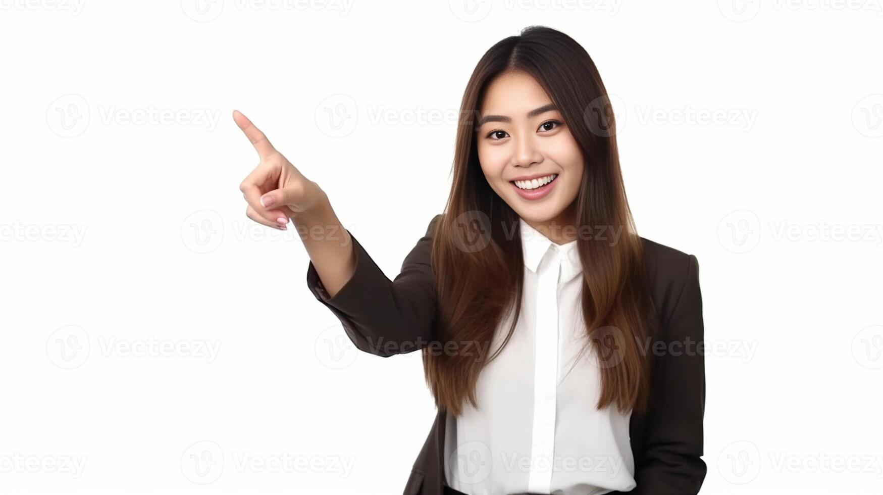 AI Generative Happy Young Woman Isolated Presenting On White Background photo