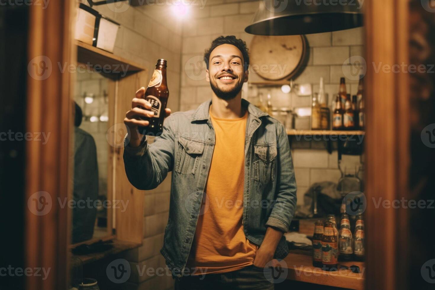 AI Generative Happy bartender taking a selfie Young caucasian man is smiling at the camera Concept about people lifestyle and technology photo