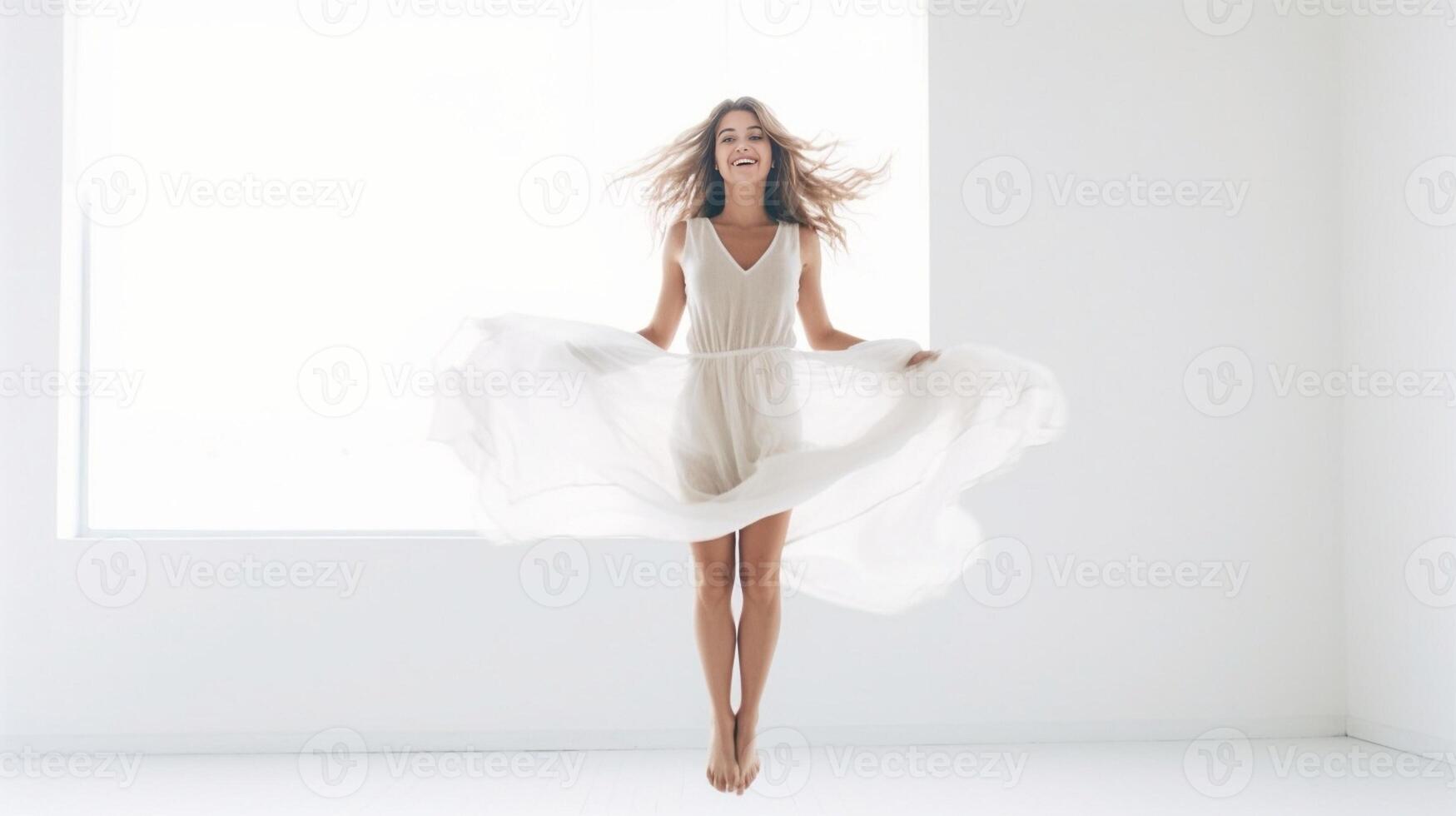 AI Generative Happy blonde woman dancing and jumping on a white bed listening music at home photo