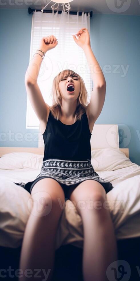 AI Generative Happy blonde woman dancing and jumping on a white bed listening music at home photo