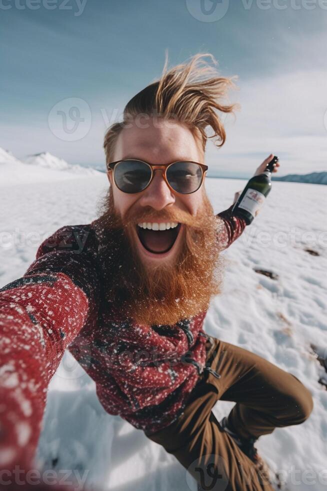 AI Generative Happy caucasian man taking a selfie hiking a mountain full of snow at winter Portrait of a skier at vacation photo