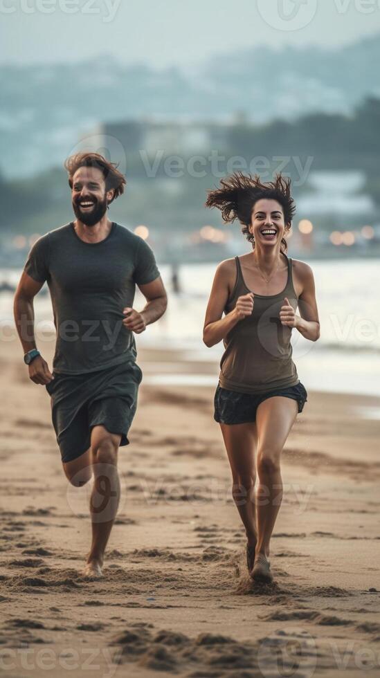 AI Generative Happy couple in love enjoying vacation running on tropical beach  Boyfriend and girlfriend having fun outdoor on summer holiday  Vacations and lifestyle concept photo