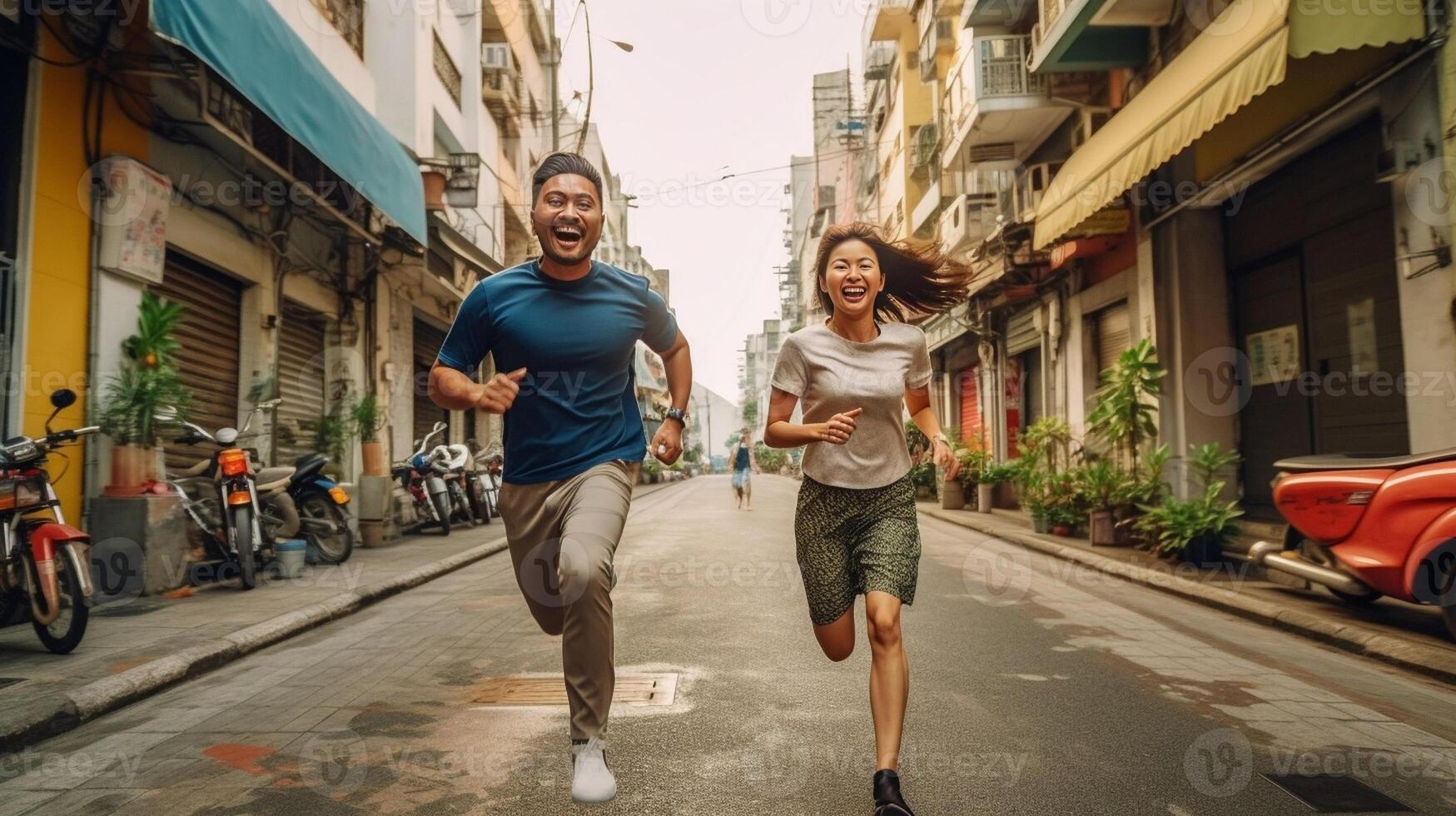 AI Generative Happy couple of tourist holding hands are running in the city at weekend holiday Tourism people and holidays concept photo