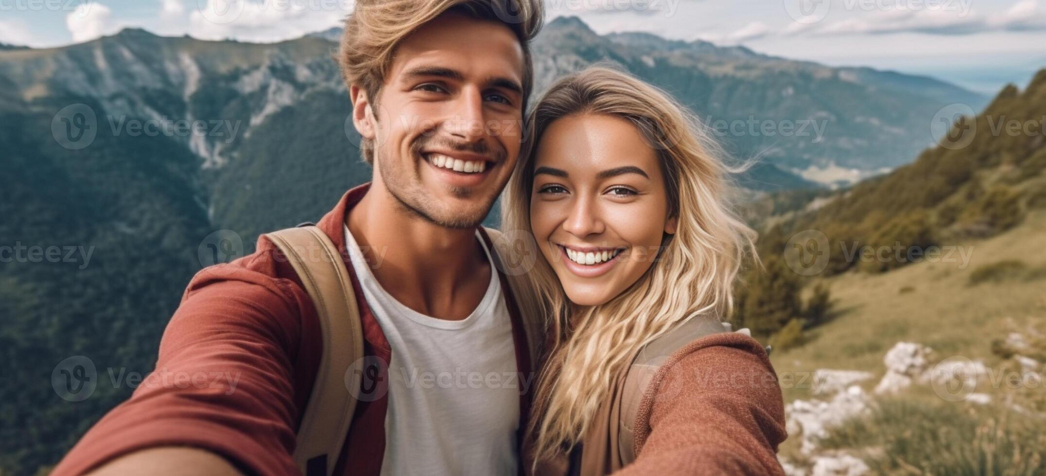 AI Generative Happy couple taking a selfie hiking mountains  Successful hikers on the top of the peak smiling at camera photo