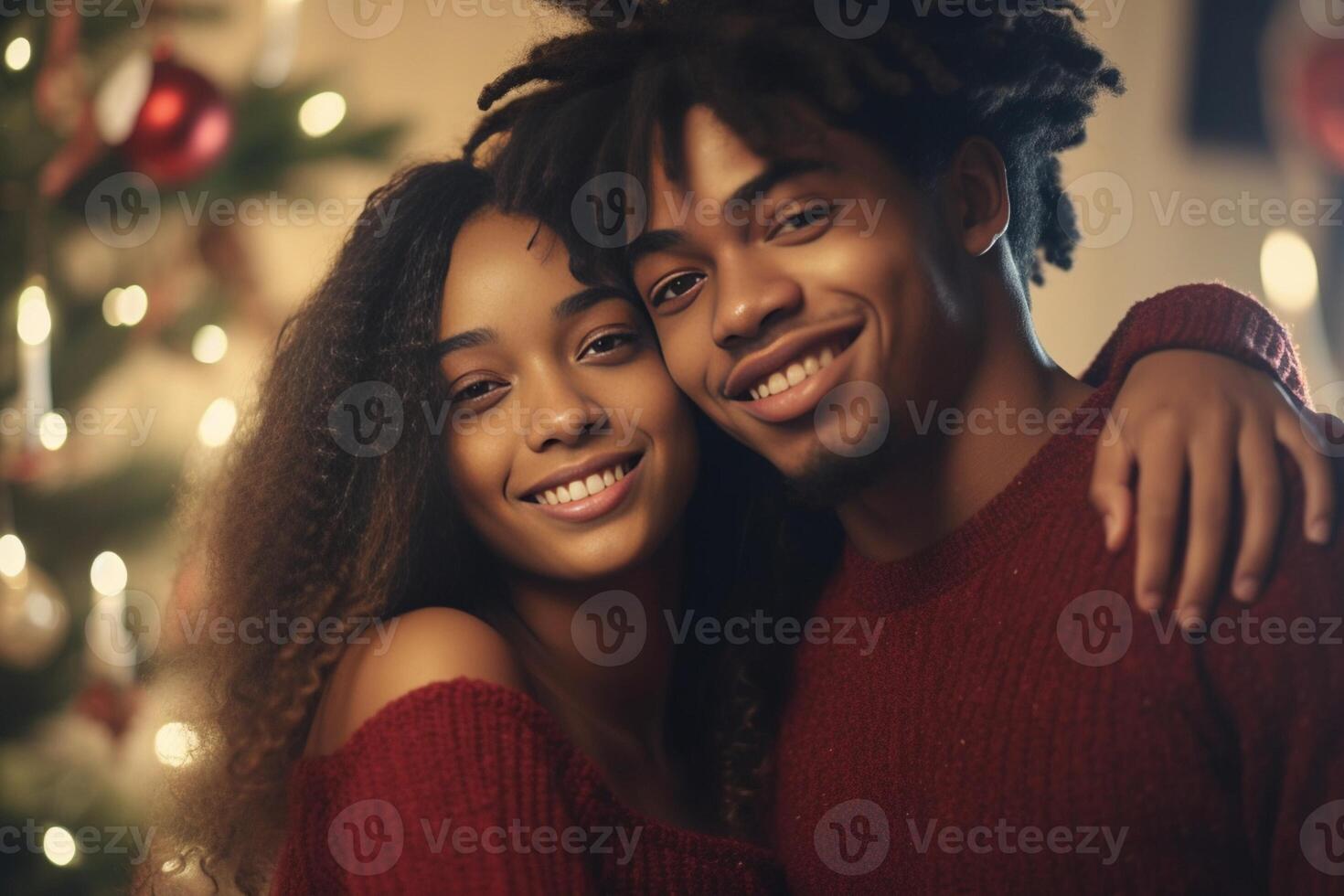 AI Generative Happy couple taking funny selfie celebrating Christmas time at home   Winter holiday concept with young friends having fun photo